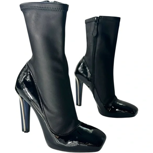 Alexander Mcqueen Boot Stretch Leather Black Patent Midcalf Booties Boots 37 - Picture 1 of 11